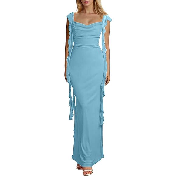 Cider Ruffle Trim Mesh Sleeveless Maxi Dress Size XL NWT Blue - Picture 1 of 9